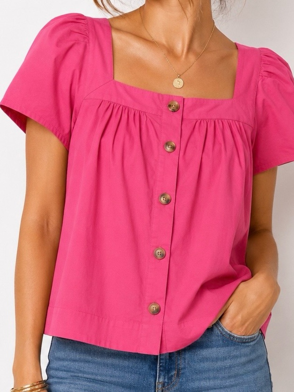 J.Crew Square Neck Button Front Cotton Poplin Puff Sleeve Top Pink Preppy SMALL